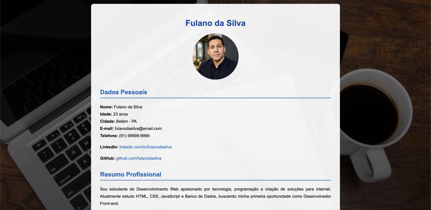 Projeto Currículo Online construído no treinamento